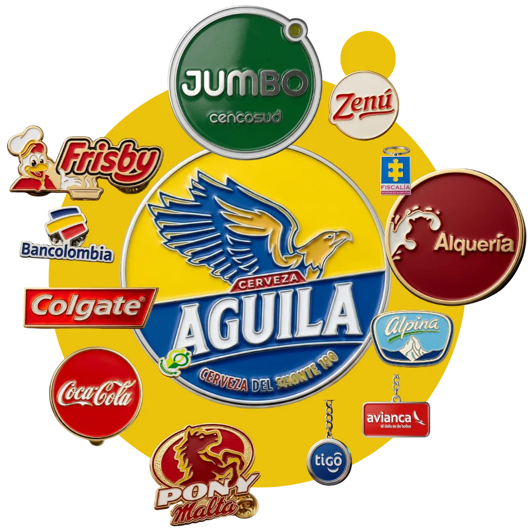 Colección de pines metálicos esmaltados personalizados con logos de marcas colombianas