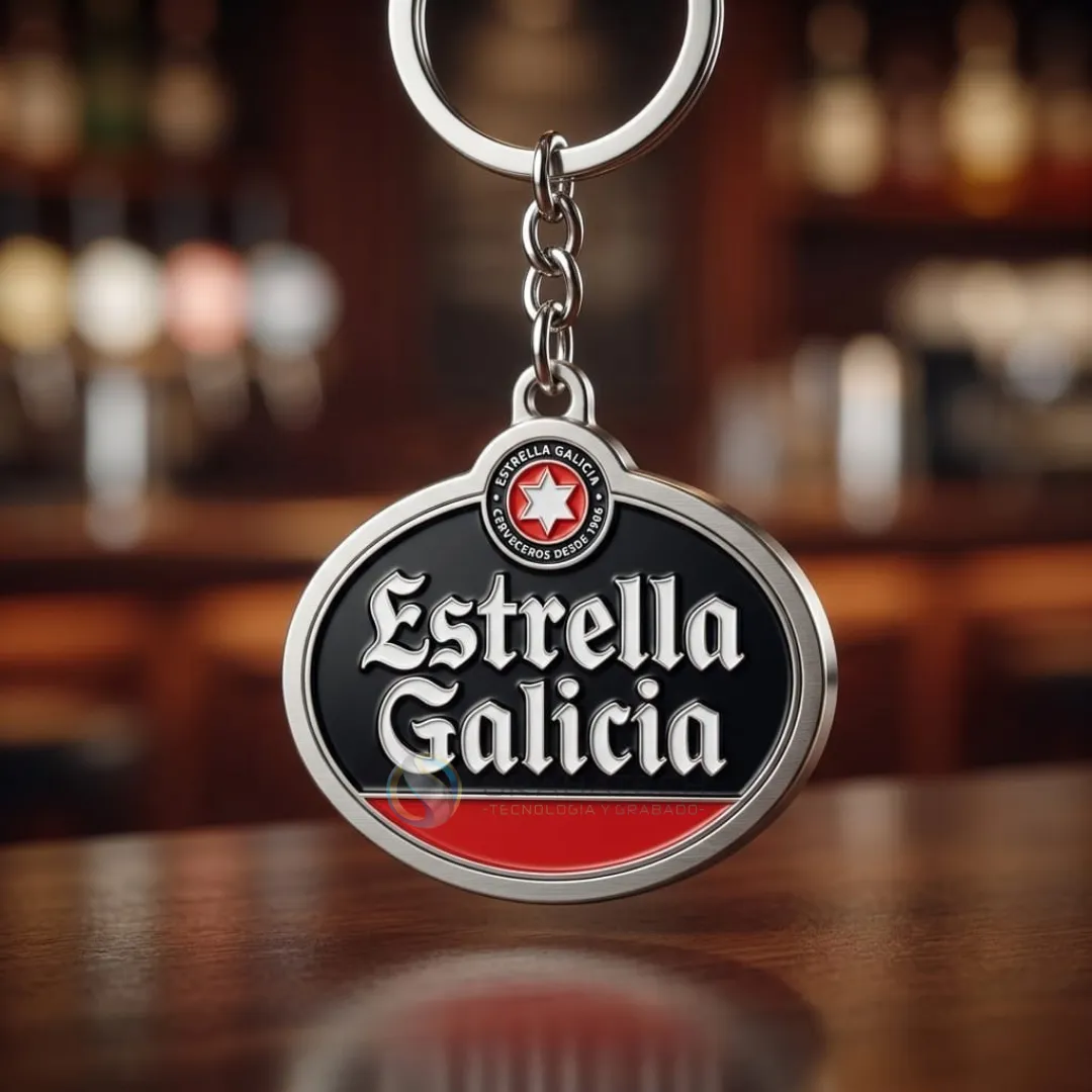 Llavero metálico ovalado negro con estrella roja y letras blancas