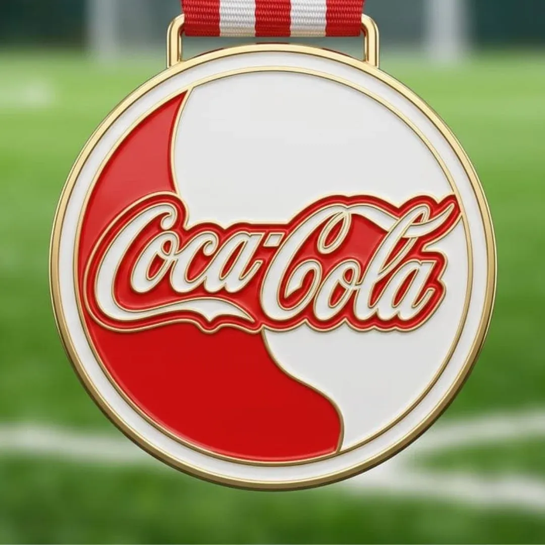 Medalla circular esmaltada en rojo y blanco con cinta de rayas, sobre una cancha de fútbol