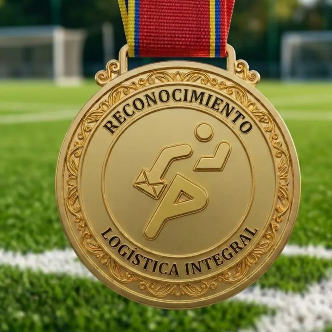 Medalla dorada de reconocimiento con silueta de corredor y cinta tricolor