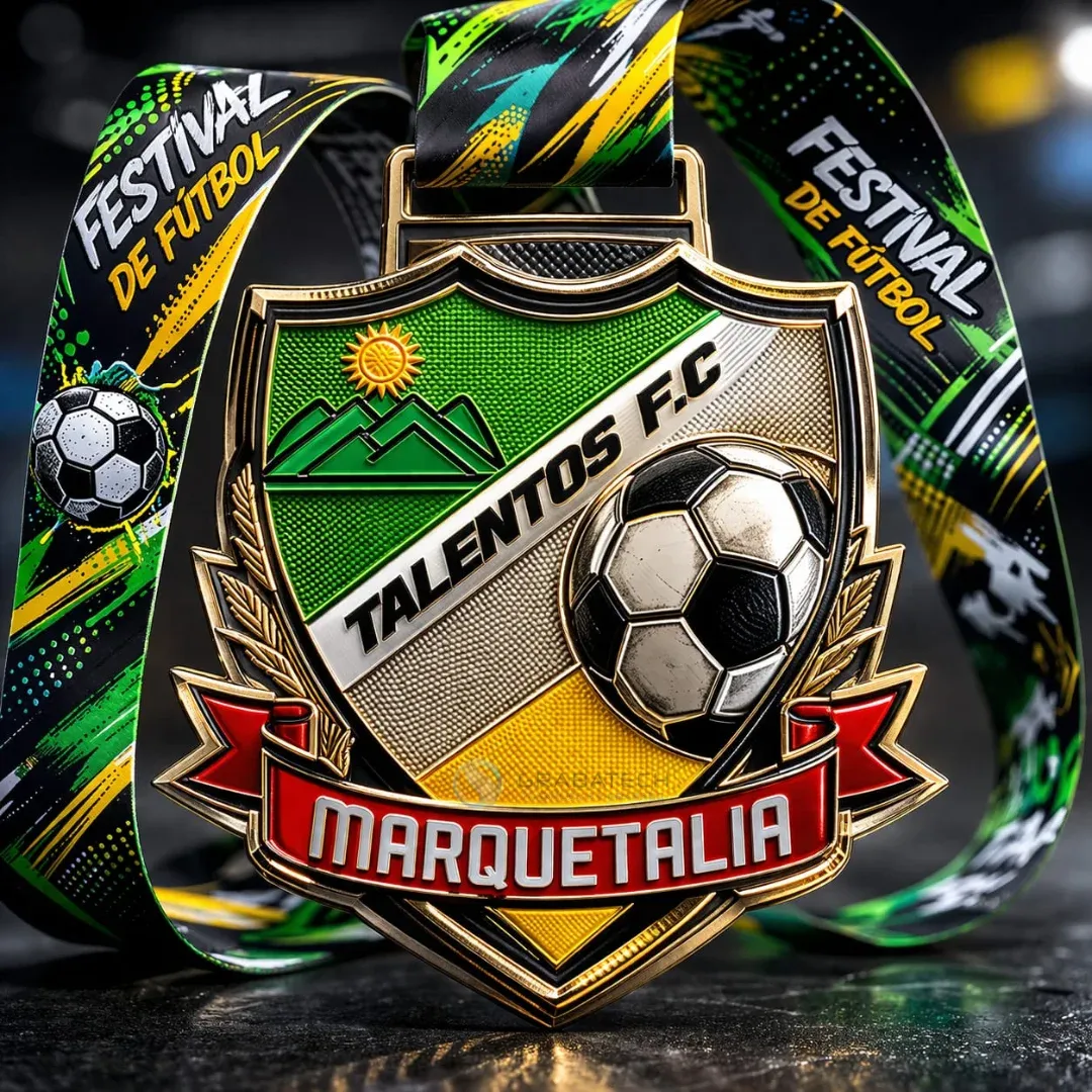 Medalla en forma de escudo con balón de fútbol y cintas sublimadas verdes y amarillas