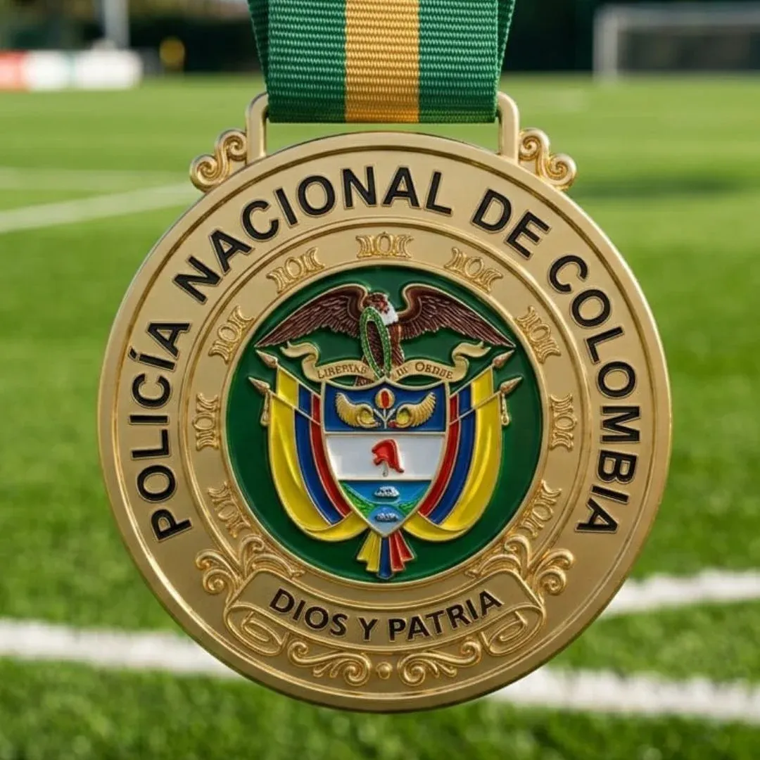Medalla de honor dorada con escudo nacional en relieve y cinta verde y amarilla