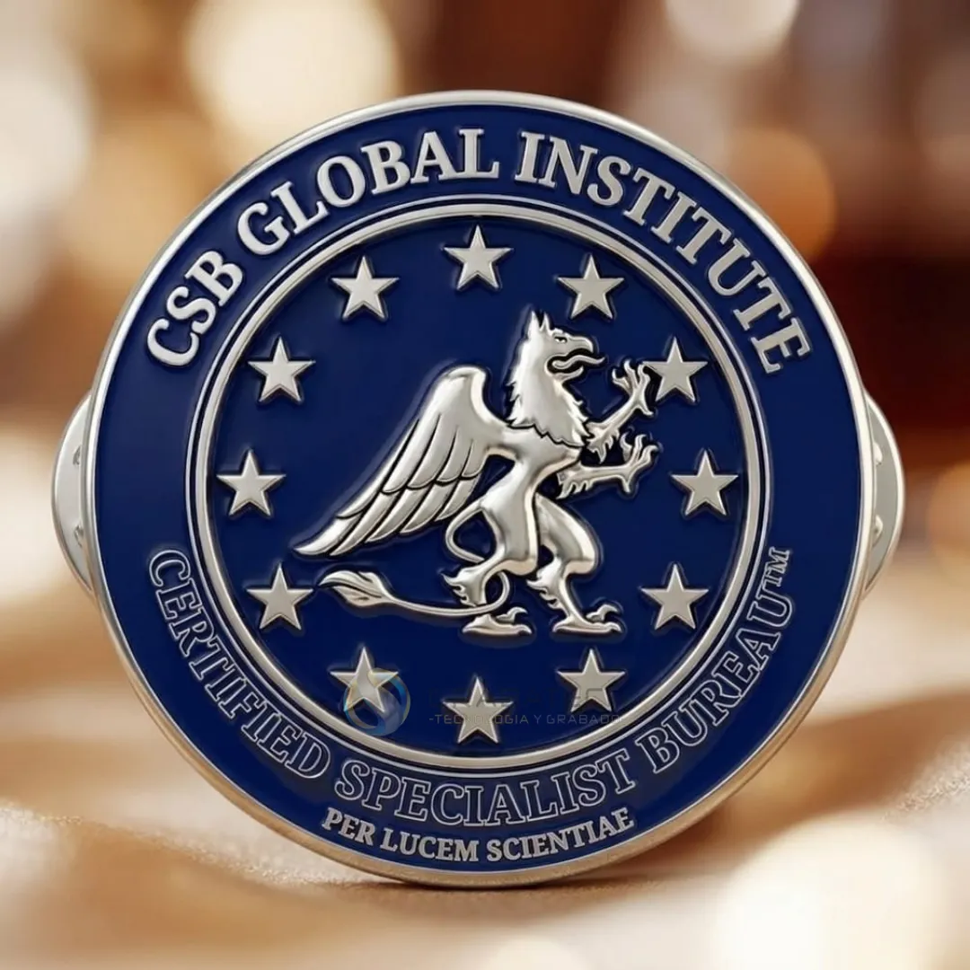 Pin de acero con escudo circular azul, águila grabada y estrellas