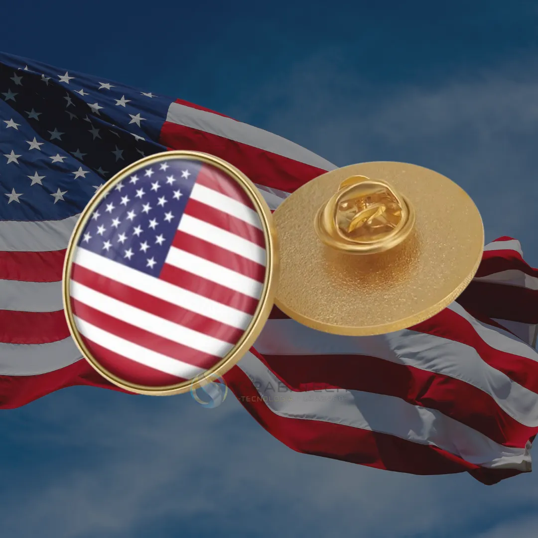 Pin en bronce con bandera cubierta en resina cristalina y su reverso con broche
