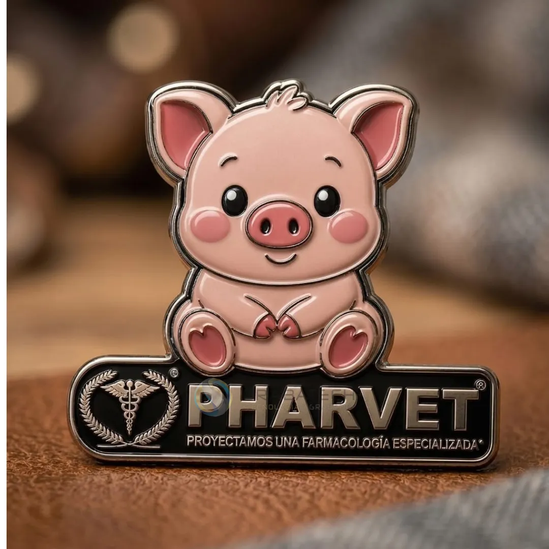 Pin en bronce esmaltado con personaje de cerdito sobre placa negra