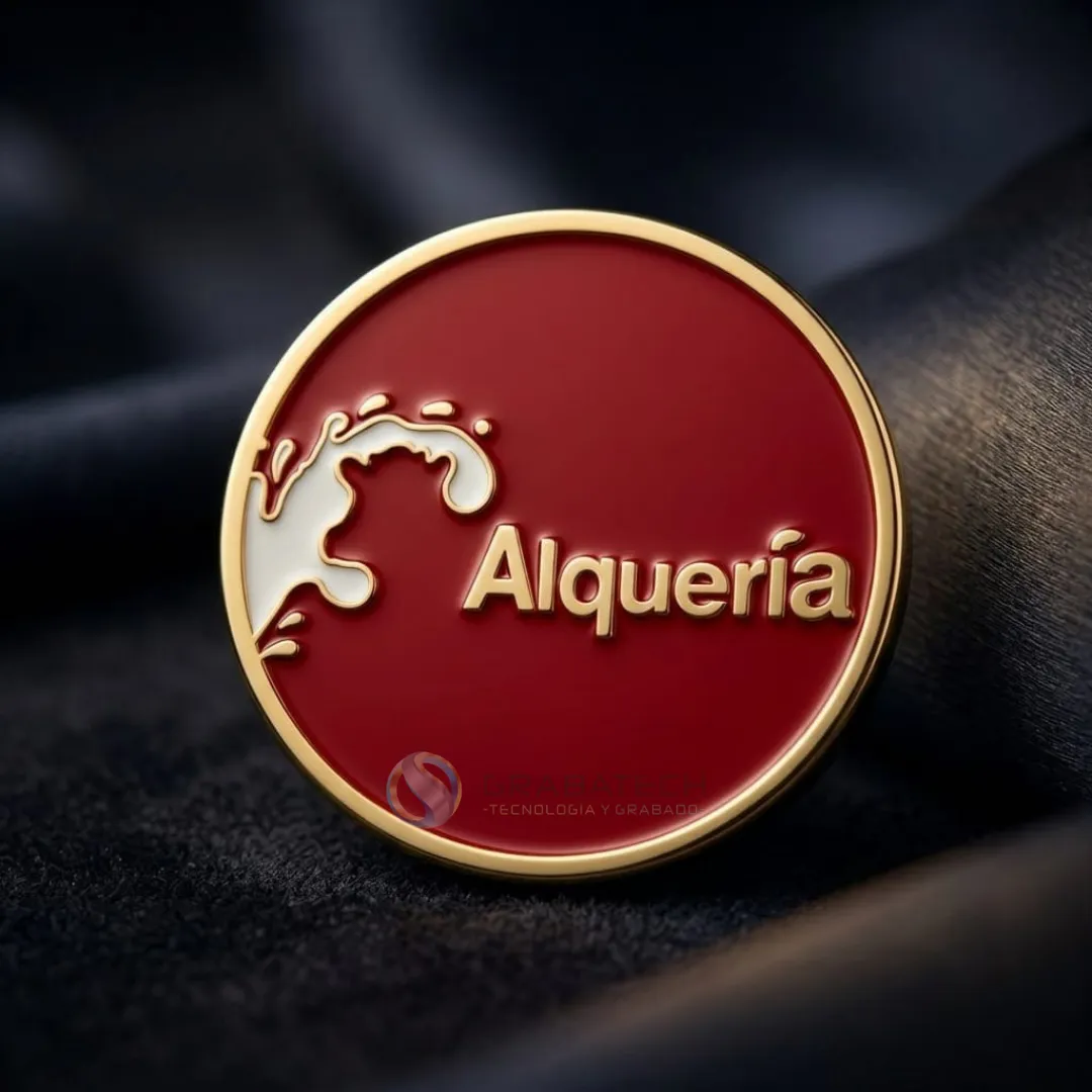 Pin circular en bronce con esmalte rojo oscuro y logo en blanco