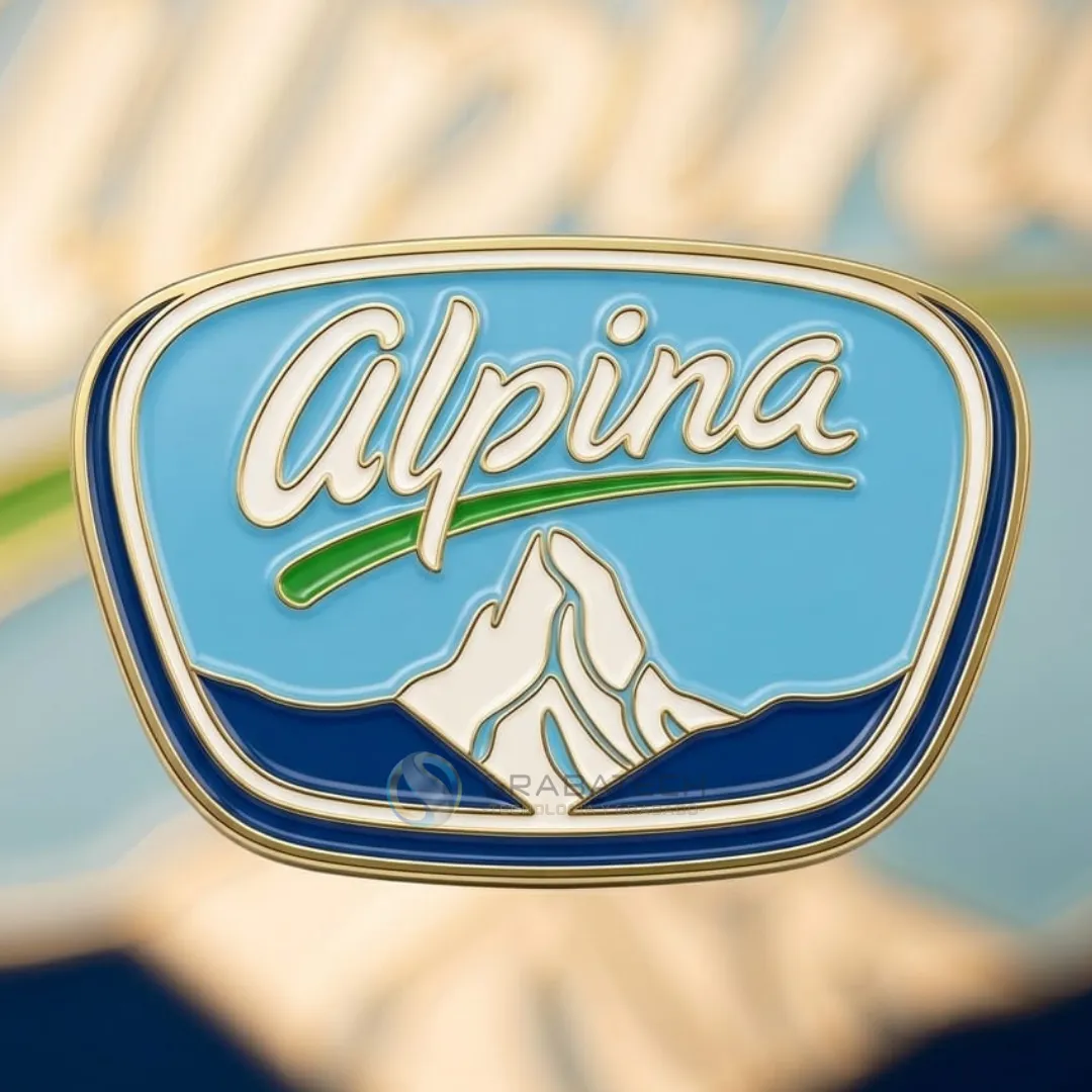 Pin en bronce con forma especial y esmalte azul y blanco con paisaje de montaña