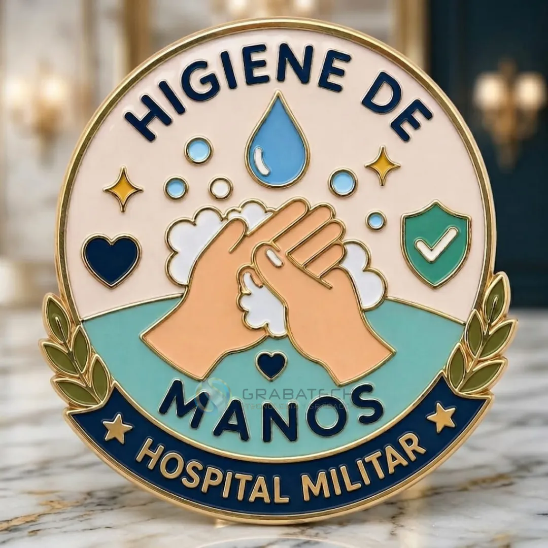Pin en bronce esmaltado con ilustración de lavado de manos y borde dorado
