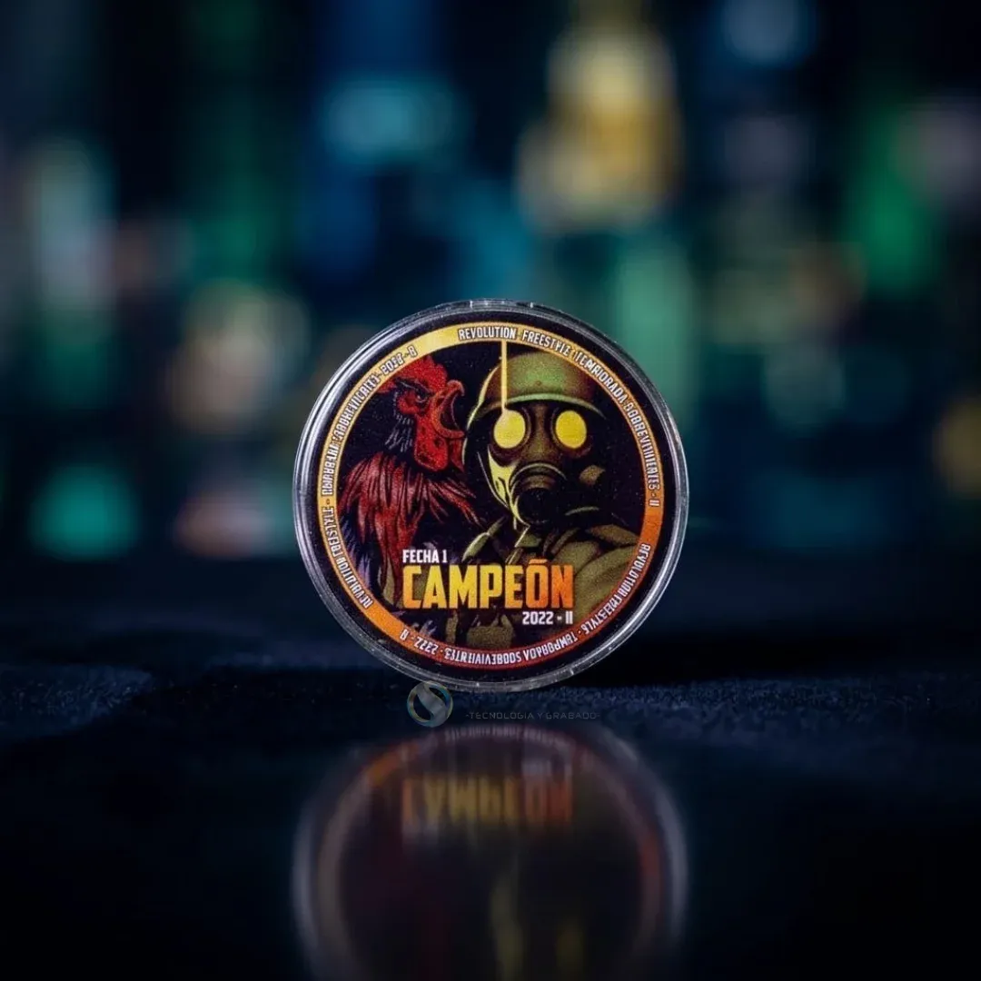 Pin digital circular con ilustración de campeón y borde plateado
