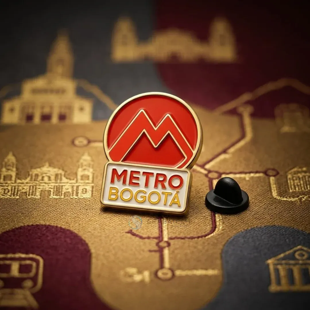 Pin fundido en zamak con logo de metro en rojo y dorado