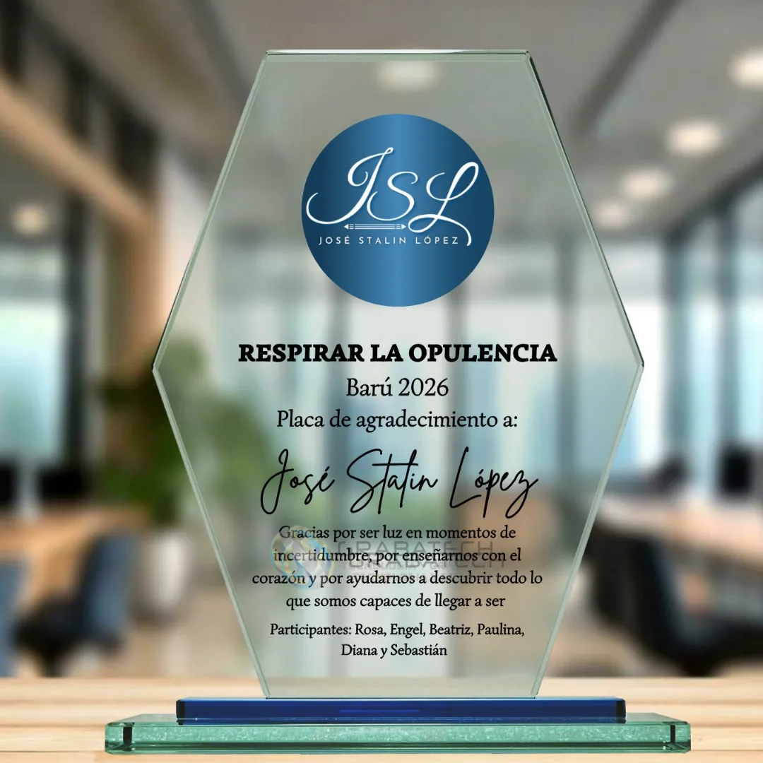 Placa de vidrio templado con logo en color y texto de agradecimiento
