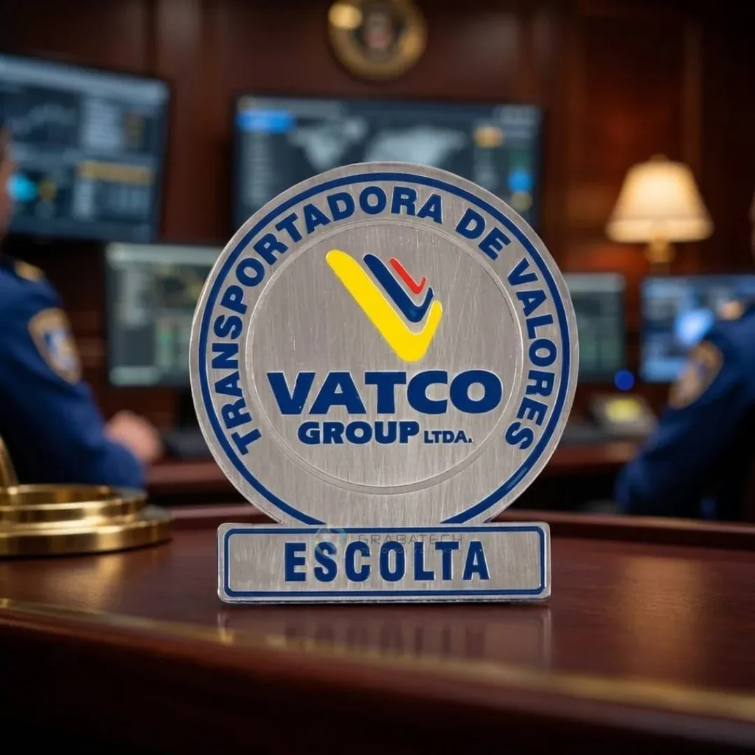 Placa metálica para escolta de transportadora de valores con base azul